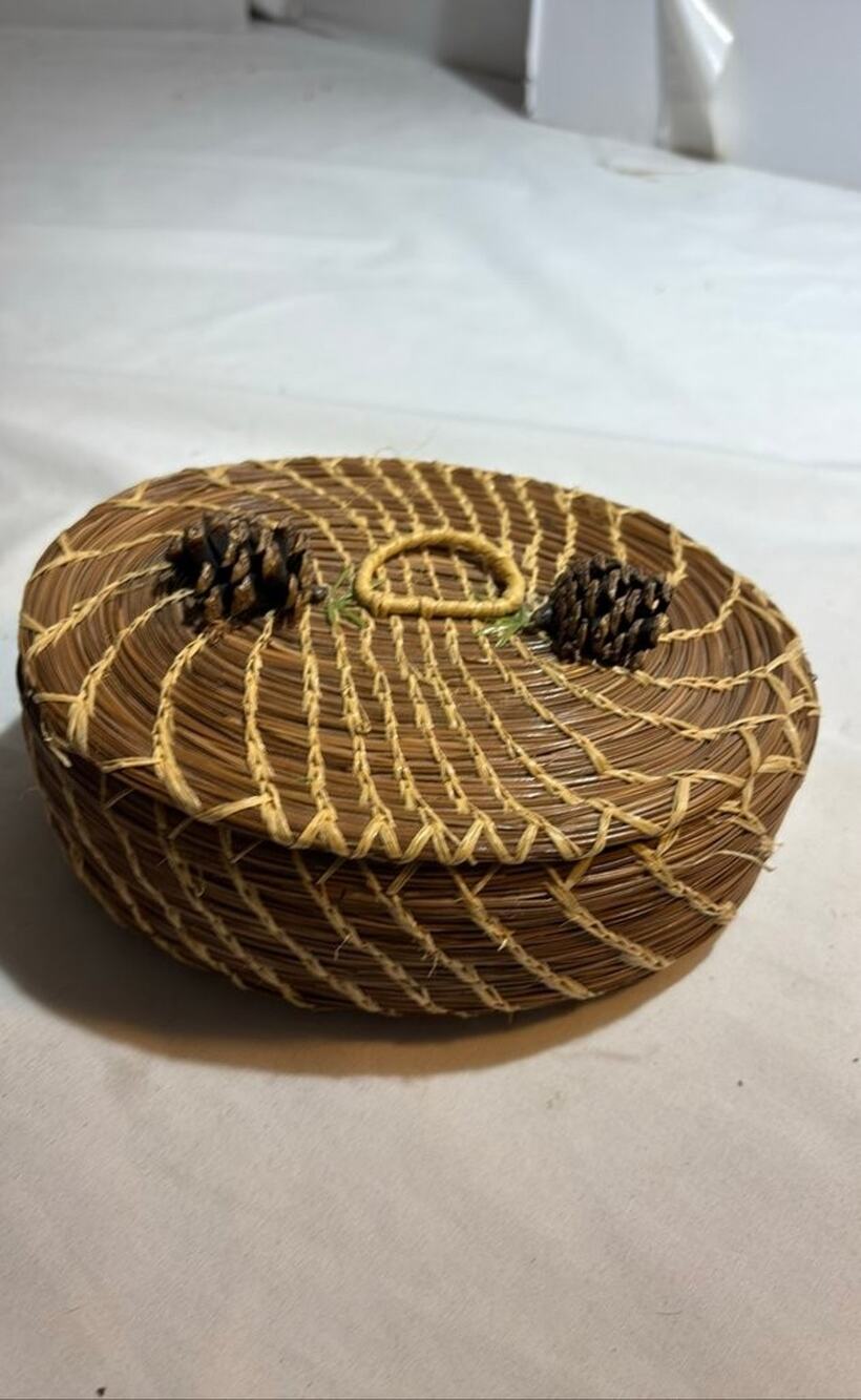 Vintage Pine Needle Basket with Lid